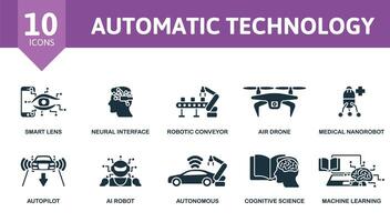 Automatic Technology icon set. Monochrome simple Automatic Technology icon collection. Smart Lens, Neural Interface, Robotic Conveyor, Air Drone, Medical Nanorobot, Autopilot, Ai Robot, Autonomous vector