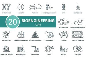 Bioengineering icon outline set. Line Bioengineering icon collection. Chromosome, Nuclear, Petri Cup, Genetic Engineering, Dna, Microbiology, Experiment, Space, Biology, Gmo Food icon vector