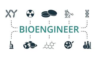 Bioengineer icon set. Monochrome simple Bioengineer icon collection. Chromosome, Nuclear, Petri Cup, Genetic Engineering, Dna, Microscope, Planetology, Molecular Structure, Bacteriology, Chemical vector