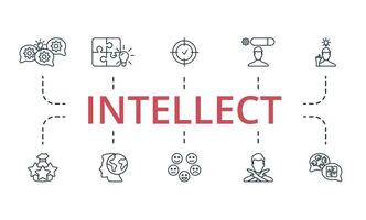 Intellect icon set. Monochrome simple Intellect icon collection. Brainstorming, Solutions, Focus, Skill, Solve The Problem, Experience, Global Thinking, Emotion, Failure, Psychology icon vector