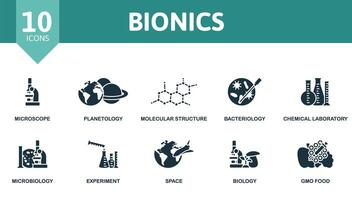 Bionics icon set. Monochrome simple Bionics icon collection. Microscope, Planetology, Molecular Structure, Bacteriology, Chemical Laboratory, Microbiology, Experiment, Space, Biology, Gmo Food icon vector