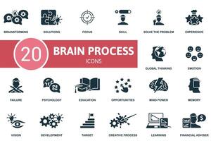 Brain Process icon set. Monochrome simple Brain Process icon collection. Brainstorming, Solutions, Focus, Skill, Solve The Problem, Development, Target, Creative Process, Learning, Financial Adviser vector