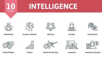 Intelligence icon set. Monochrome simple Intelligence icon collection. Experience, Global Thinking, Emotion, Failure, Psychology, Development, Target, Creative Process, Learning, Financial Adviser vector