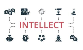 Intellect icon set. Monochrome simple Intellect icon collection. Brainstorming, Solutions, Focus, Skill, Solve The Problem, Experience, Global Thinking, Emotion, Failure, Psychology icon vector