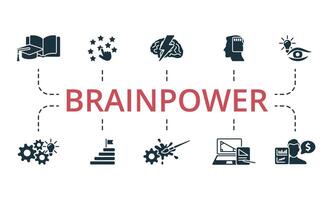 Brainpower icon set. Monochrome simple Brainpower icon collection. Education, Opportunities, Mind Power, Momery, Vision, Development, Target, Creative Process, Learning, Financial Adviser icon vector
