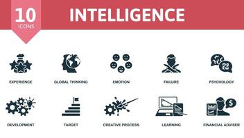 Intelligence icon set. Monochrome simple Intelligence icon collection. Experience, Global Thinking, Emotion, Failure, Psychology, Development, Target, Creative Process, Learning, Financial Adviser vector