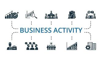 Business Activity icon set. Monochrome simple Business Activity icon collection. Business Target, Benchmarking, Corporate Brainstorming, Corporate Strategy, Business Consulting, Executive, Discussion vector