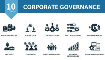 Corporate Governance icon set. Monochrome simple Corporate Governance icon collection. Inventory Control, Job Rotation, Labor Relations, Skill Management, Business Margin, Executive, Discussion vector