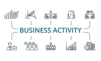 Business Activity icon set. Monochrome simple Business Activity icon collection. Business Target, Benchmarking, Corporate Brainstorming, Corporate Strategy, Business Consulting, Executive, Discussion vector