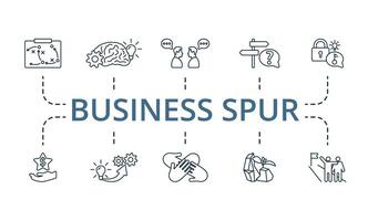 Business Spur icon set. Monochrome simple Business Spur icon collection. Tactics, Brain Storm, Communication, Solution, Problem Solving, Opportunity, Realization, Team Spirit, Persistence, Keep Going vector