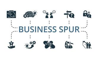 Business Spur icon set. Monochrome simple Business Spur icon collection. Tactics, Brain Storm, Communication, Solution, Problem Solving, Opportunity, Realization, Team Spirit, Persistence, Keep Going vector