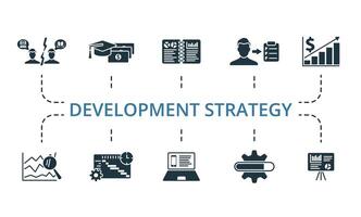 Development Strategy icon set. Monochrome simple Development Strategy icon collection. Conflict Of Interest, Grants, Executive Summary, Mission Statement, Revenue, Trend Analysis, Timeline, Product vector