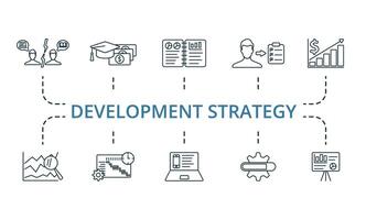 Development Strategy icon set. Monochrome simple Development Strategy icon collection. Conflict Of Interest, Grants, Executive Summary, Mission Statement, Revenue, Trend Analysis, Timeline, Product vector