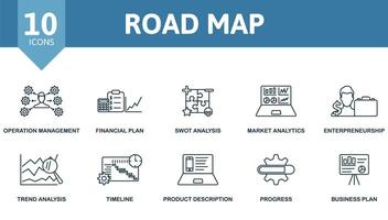 Road Map icon set. Monochrome simple Road Map icon collection. Operation Management, Financial Plan, Swot Analysis, Market Analytics, Enterpreneursship, Trend Analysis, Timeline, Product Description vector