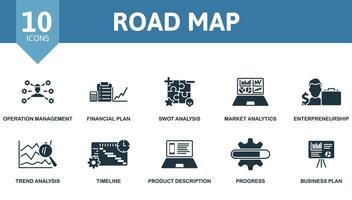 Road Map icon set. Monochrome simple Road Map icon collection. Operation Management, Financial Plan, Swot Analysis, Market Analytics, Enterpreneursship, Trend Analysis, Timeline, Product Description vector