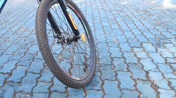 bicycle parked in blue field photo