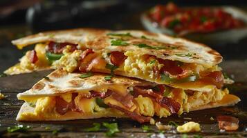 Breakfast quesadilla filled with scrambled eggs, bacon, cheese, and diced jalapenos, served with salsa. photo