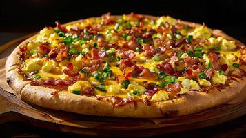 Breakfast pizza with a crispy crust, topped with scrambled eggs, bacon, cheese, and green onions. photo