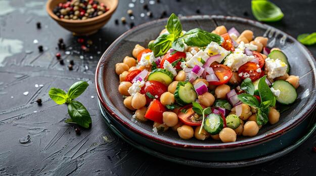 Chickpea salad with cucumbers, tomatoes, red onion, feta cheese, and lemon vinaigre photo