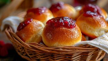 Buttery brioche buns filled with raspberry jam, served in a wicker basket. photo