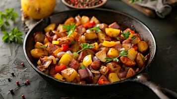 Breakfast hash made with diced potatoes, bell peppers, onions, and diced ham, served in a skillet. photo