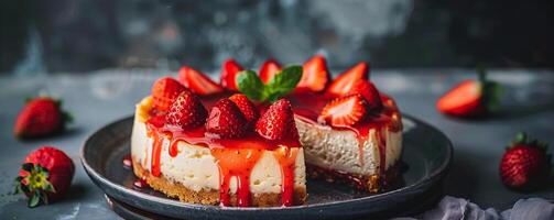 Classic New York cheesecake topped with fresh strawberries and a strawberry glaze. photo