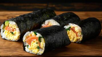 Breakfast sushi roll filled with scrambled eggs, avocado, and smoked salmon, wrapped in nori and rice. photo