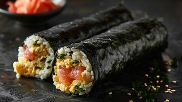 Breakfast sushi roll filled with scrambled eggs, avocado, and smoked salmon, wrapped in nori and rice. photo