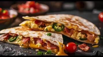 Breakfast quesadilla filled with scrambled eggs, bacon, cheese, and diced jalapenos, served with salsa. photo