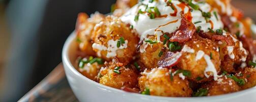 Cheesy loaded tater tots topped with bacon, sour cream, and chives. photo