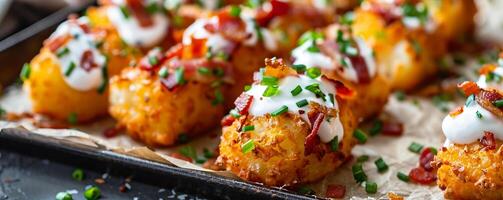 Cheesy loaded tater tots topped with bacon, sour cream, and chives. photo
