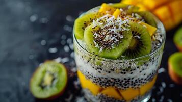 Chia seed pudding topped with sliced kiwi, mango, and a sprinkle of toasted coconut flakes. photo