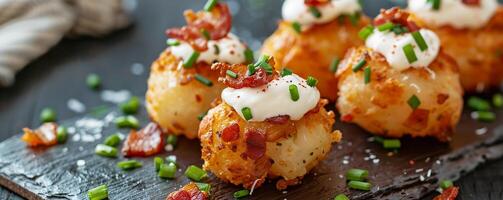 Cheesy loaded tater tots topped with bacon, sour cream, and chives. photo