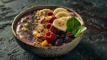 Breakfast smoothie bowl with blended acai, banana, spinach, and almond milk, topped with sliced fruit. photo
