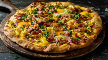 Breakfast pizza with a crispy crust, topped with scrambled eggs, bacon, cheese, and green onions. photo