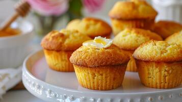 Golden brown cornbread muffins with a tender crumb, served with honey butter. photo