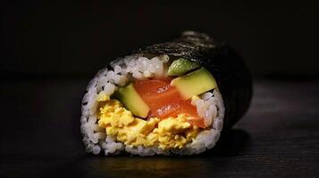 Breakfast sushi roll filled with scrambled eggs, avocado, and smoked salmon, wrapped in nori and rice. photo