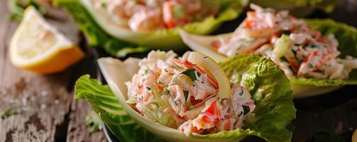 Crab salad served in endive leaves with a lemon wedge garnish. photo