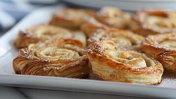Crisp palmiers with layers of puff pastry and cinnamon sugar, shaped like palm leaves. photo