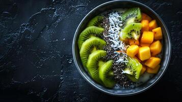 Chia seed pudding topped with sliced kiwi, mango, and a sprinkle of toasted coconut flakes. photo