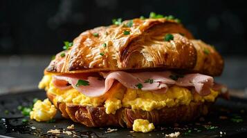 Croissant breakfast sandwich with scrambled eggs, ham, and Swiss cheese, served warm. photo