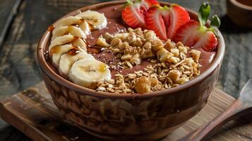 Acai bowl topped with granola, sliced bananas, strawberries, and a drizzle of honey. photo
