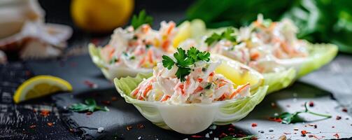 Crab salad served in endive leaves with a lemon wedge garnish. photo