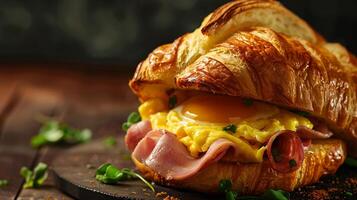 Croissant breakfast sandwich with scrambled eggs, ham, and Swiss cheese, served warm. photo