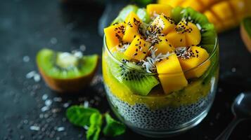 Chia seed pudding topped with sliced kiwi, mango, and a sprinkle of toasted coconut flakes. photo