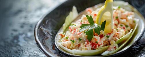 Crab salad served in endive leaves with a lemon wedge garnish. photo