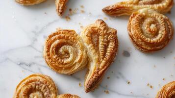 Crisp palmiers with layers of puff pastry and cinnamon sugar, shaped like palm leaves. photo