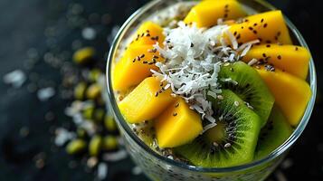 Chia seed pudding topped with sliced kiwi, mango, and a sprinkle of toasted coconut flakes. photo