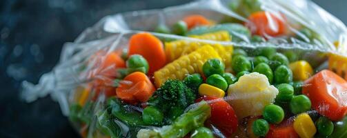 Bag of frozen mixed vegetables, perfect for adding to stir-fries or soups. photo