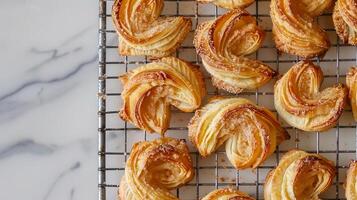 Crisp palmiers with layers of puff pastry and cinnamon sugar, shaped like palm leaves. photo
